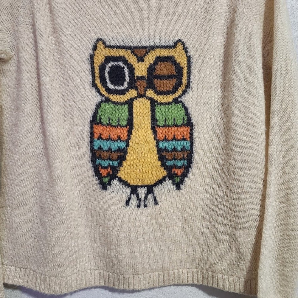 WOOLRICH Owl Graphic Knit Sweater Cream Wool Mohair Pullover Twee Whimsigoth L - Picture 6 of 6